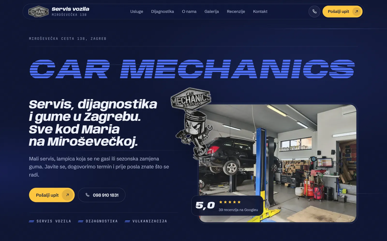 Naslovnica stranice autoservisa Car Mechanics na Miroševečkoj cesti u Zagrebu