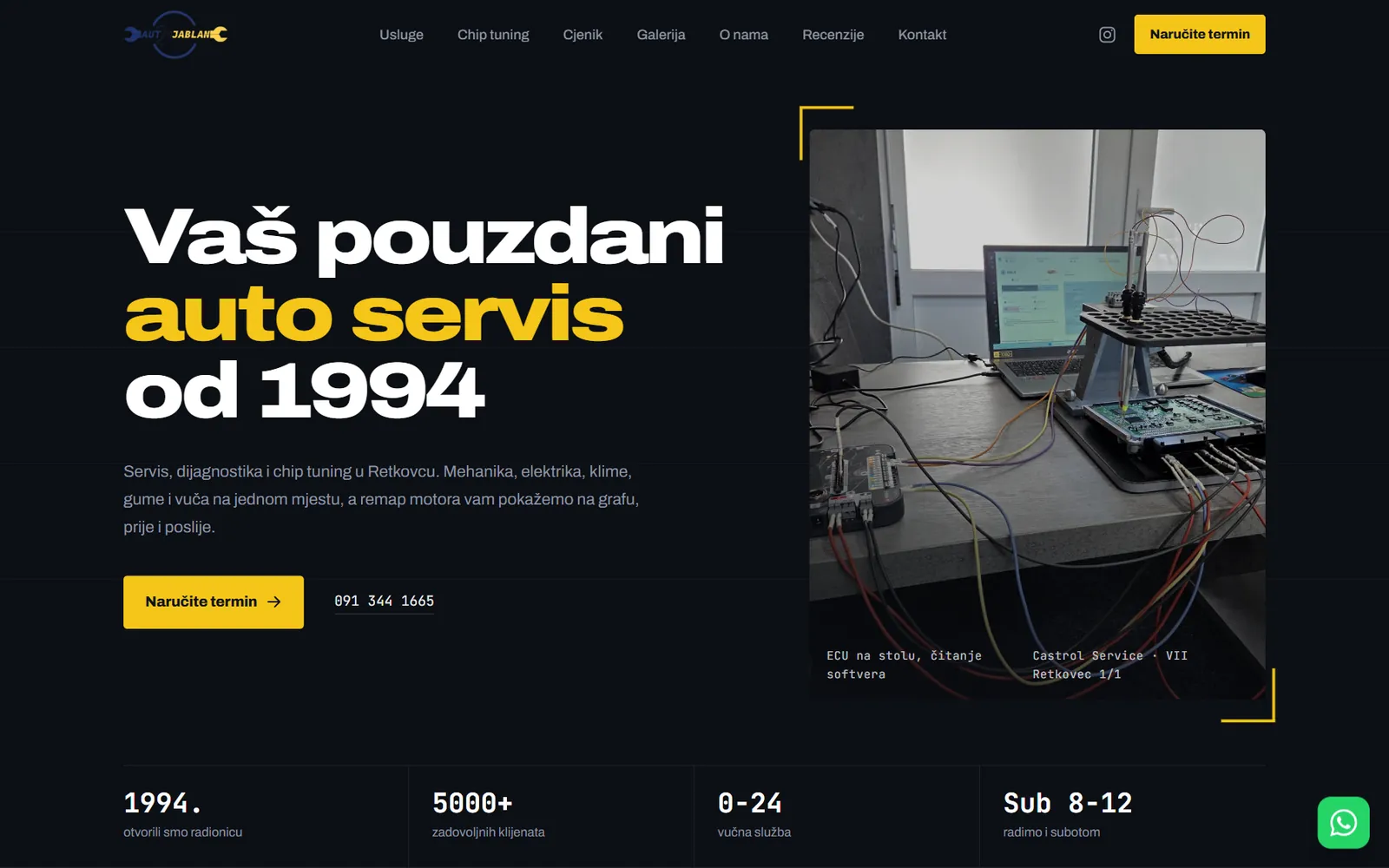 Naslovnica stranice autoservisa Auto Jablan s naslovom Vaš pouzdani auto servis od 1994