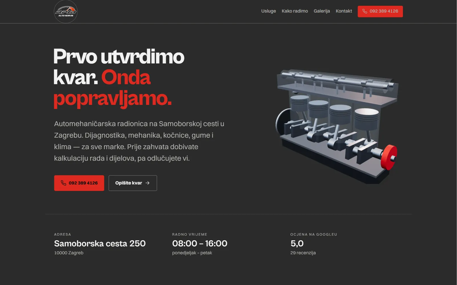 Naslovnica stranice Auto servisa RPM s naslovom Prvo utvrdimo kvar. Onda popravljamo.