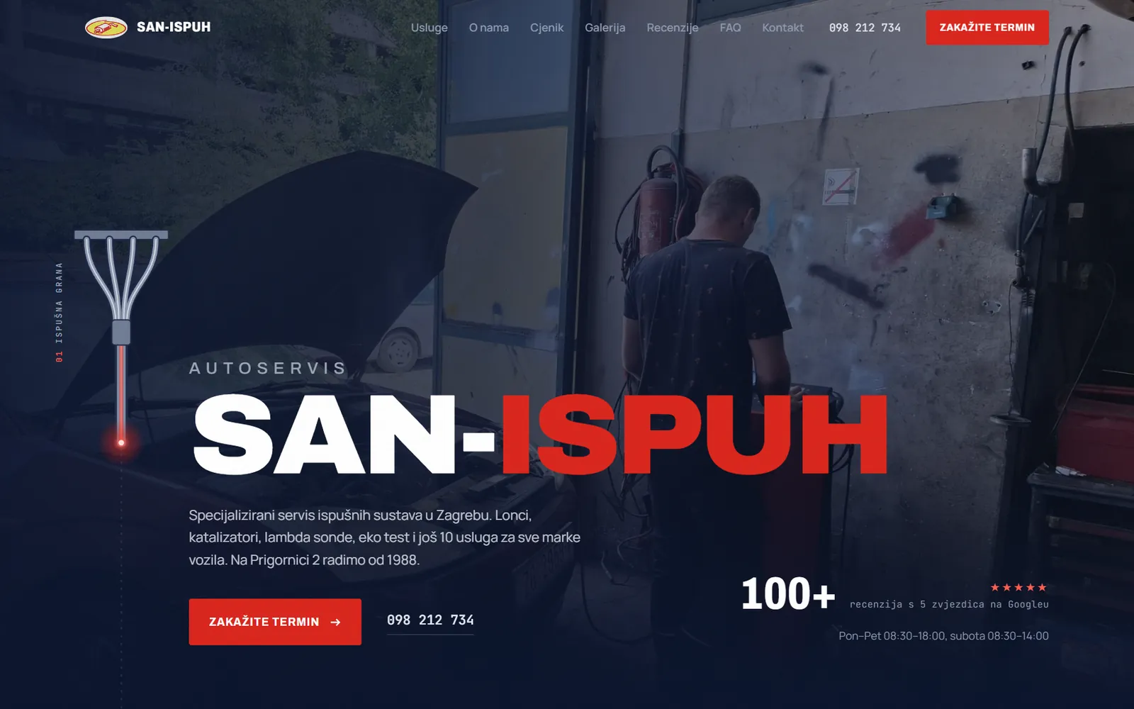 Naslovnica stranice autoservisa SAN-Ispuh, specijaliziranog za ispušne sustave u Zagrebu